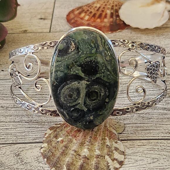 Crocodile Jasper Sterling Silver Cuff Bracelet - Untamed Southwestern Beauty - Picture 1 of 10